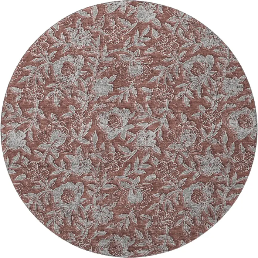 8' Rust And Gray Floral Washable Round Rug With UV Protection Photo 4