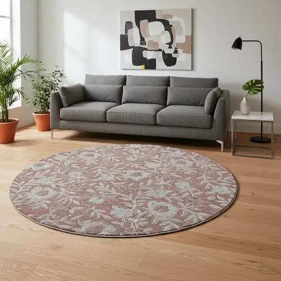 8' Rust And Gray Floral Washable Round Rug With UV Protection Photo 2