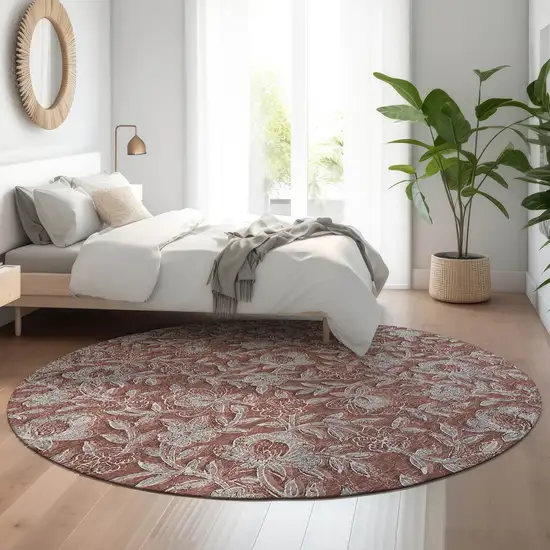 8' Rust And Gray Floral Washable Round Rug With UV Protection Photo 5