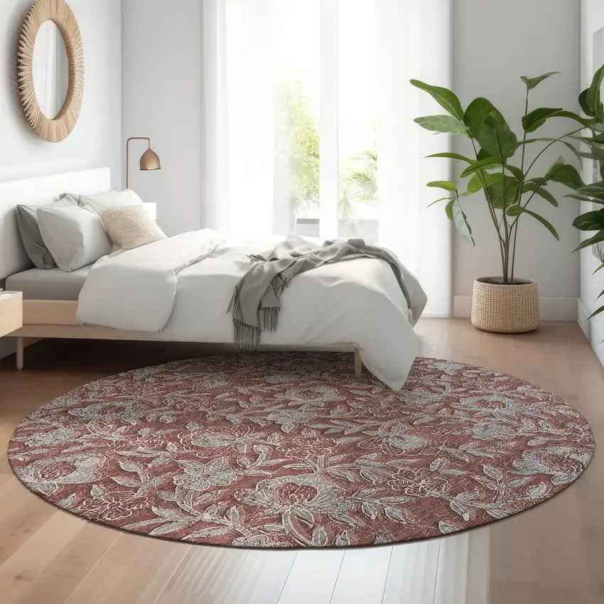 8' Rust And Gray Floral Washable Round Rug With UV Protection Photo 5