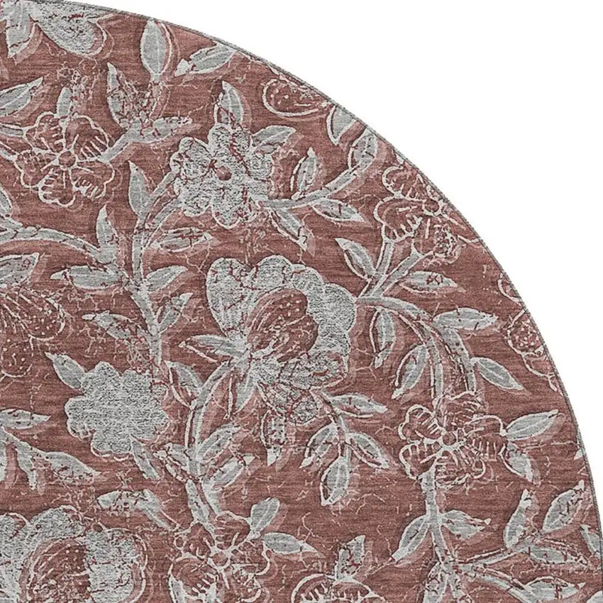 8' Rust And Gray Floral Washable Round Rug With UV Protection Photo 3
