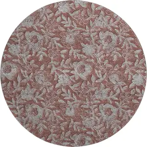 Photo of 8' Rust And Gray Floral Washable Round Rug With UV Protection