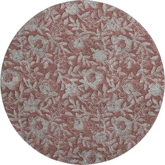 8' Rust And Gray Floral Washable Round Rug With UV Protection Photo 1