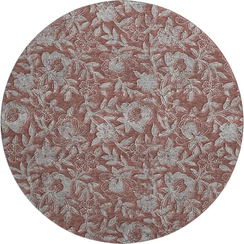 8' Rust And Gray Floral Washable Round Rug With UV Protection Photo 1