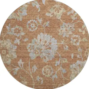 Photo of 8' Rust And Gray Floral Washable Round Rug With UV Protection