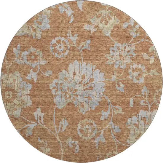 8' Rust And Gray Floral Washable Round Rug With UV Protection Photo 1