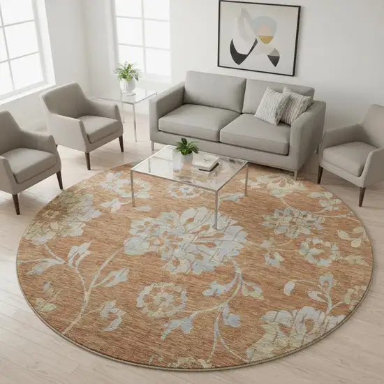 8' Rust And Gray Floral Washable Round Rug With UV Protection Photo 2