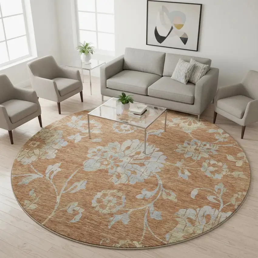 8' Rust And Gray Floral Washable Round Rug With UV Protection Photo 2