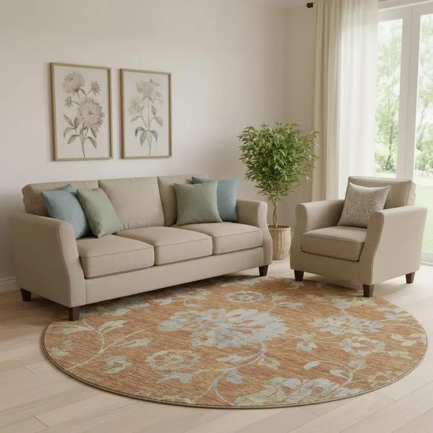 8' Rust And Gray Floral Washable Round Rug With UV Protection Photo 1