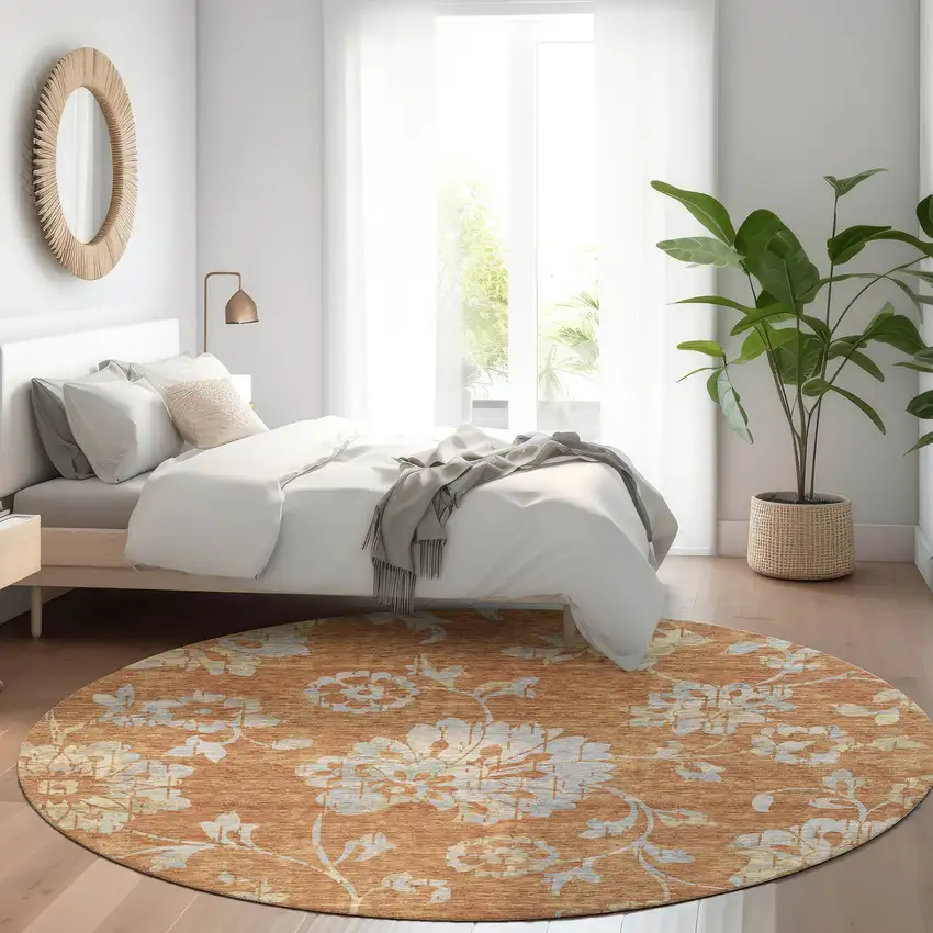 8' Rust And Gray Floral Washable Round Rug With UV Protection Photo 5