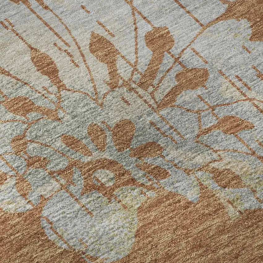 8' Rust And Gray Floral Washable Round Rug With UV Protection Photo 9