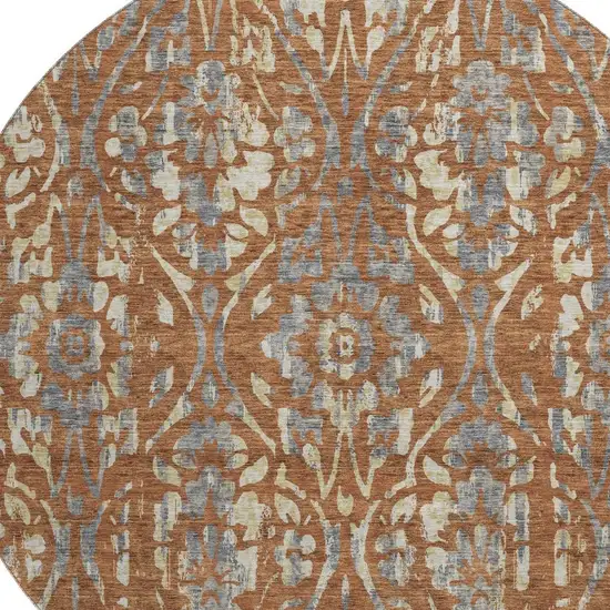 8' Rust And Gray Floral Washable Round Rug With UV Protection Photo 3