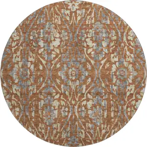 Photo of 8' Rust And Gray Floral Washable Round Rug With UV Protection