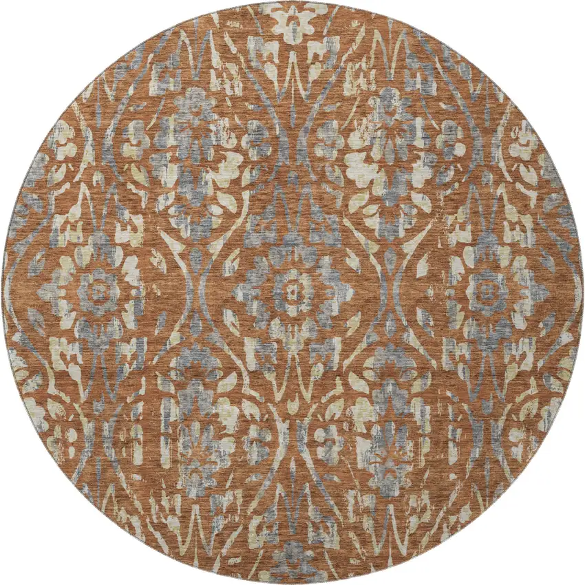 8' Rust And Gray Floral Washable Round Rug With UV Protection Photo 4