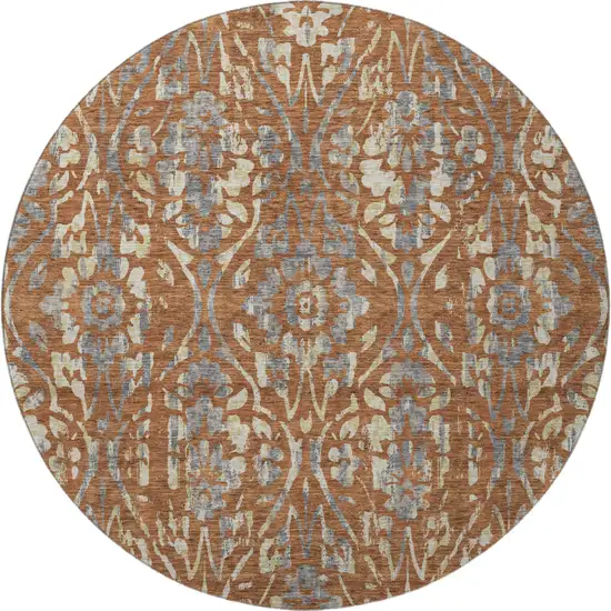 8' Rust And Gray Floral Washable Round Rug With UV Protection Photo 4
