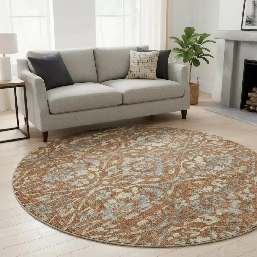 8' Rust And Gray Floral Washable Round Rug With UV Protection Photo 2