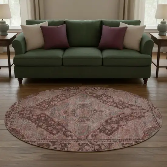 8' Rust And Gray Oriental Washable Round Rug With UV Protection Photo 2