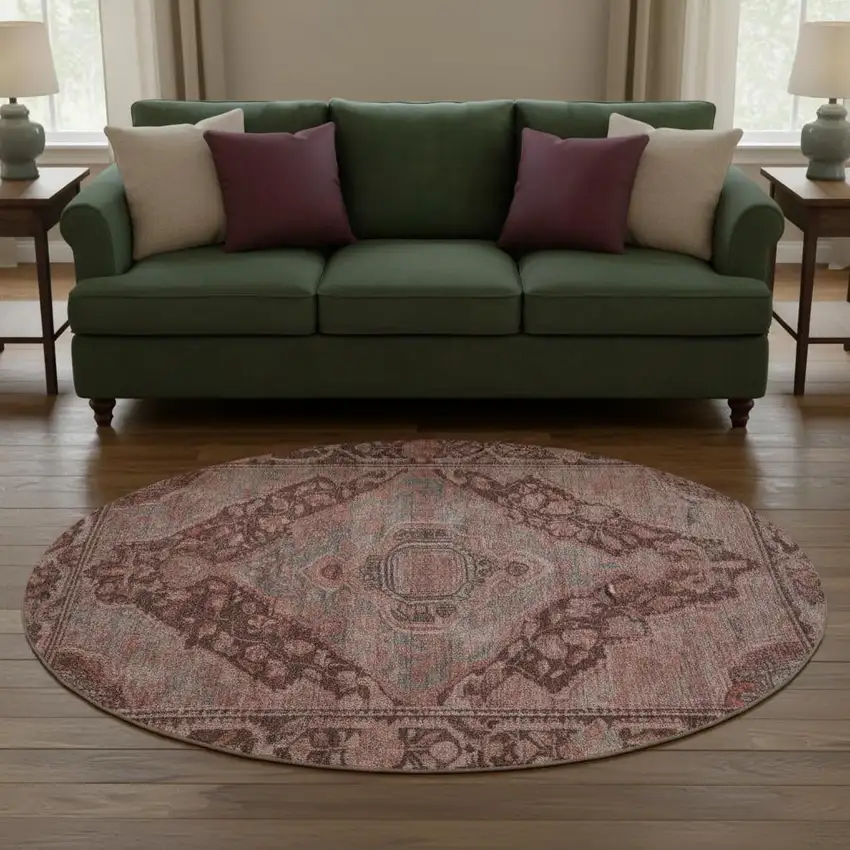 8' Rust And Gray Oriental Washable Round Rug With UV Protection Photo 2