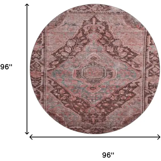 8' Rust And Gray Oriental Washable Round Rug With UV Protection Photo 8