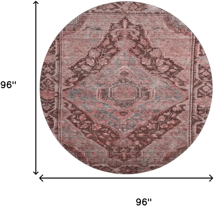 8' Rust And Gray Oriental Washable Round Rug With UV Protection Photo 8