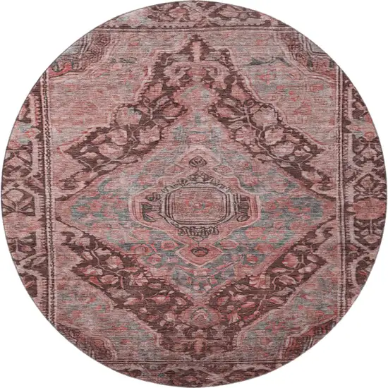 8' Rust And Gray Oriental Washable Round Rug With UV Protection Photo 2