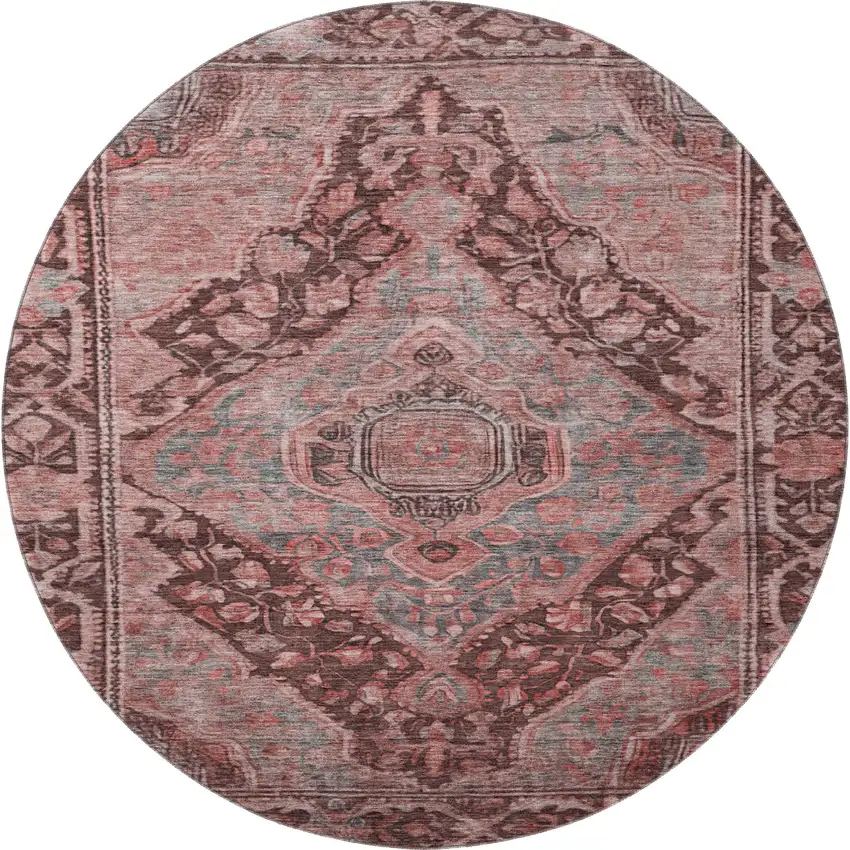 8' Rust And Gray Oriental Washable Round Rug With UV Protection Photo 2