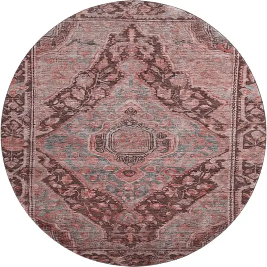 8' Rust And Gray Oriental Washable Round Rug With UV Protection Photo 1