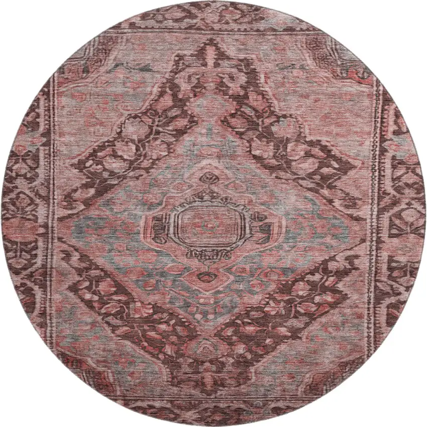 8' Rust And Gray Oriental Washable Round Rug With UV Protection Photo 1