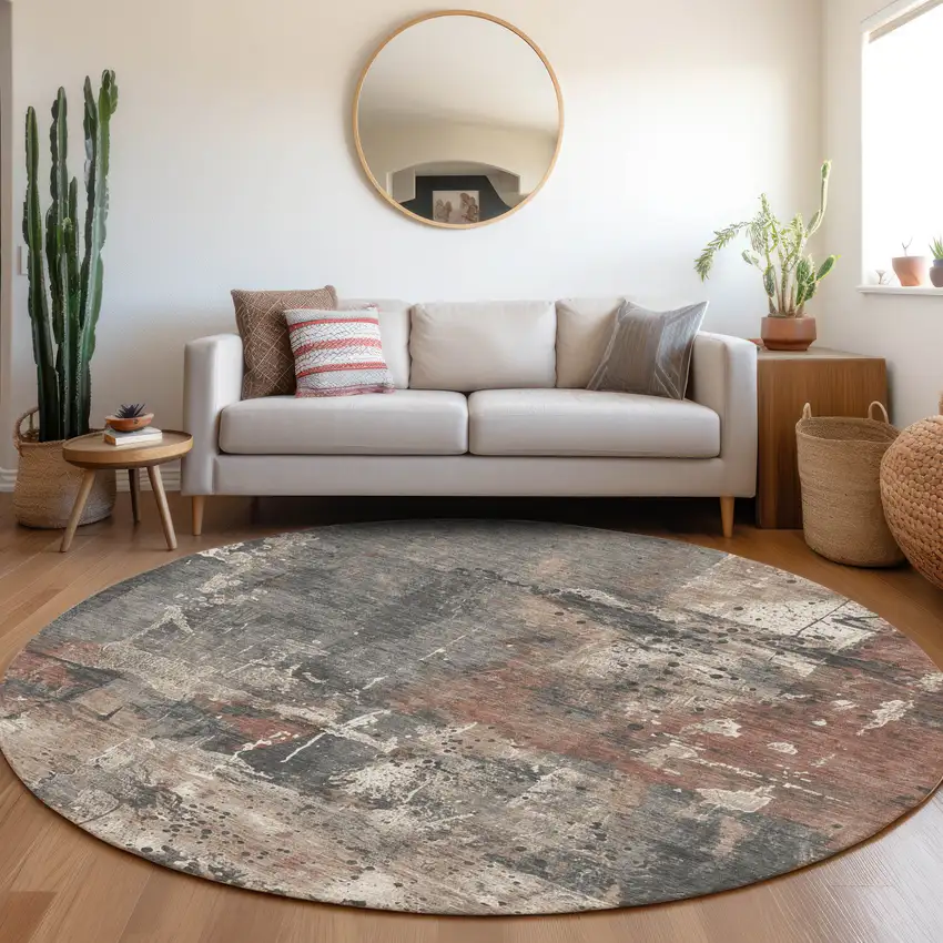 8' Rust And Gray Round Abstract Washable Indoor Outdoor Area Rug Photo 6