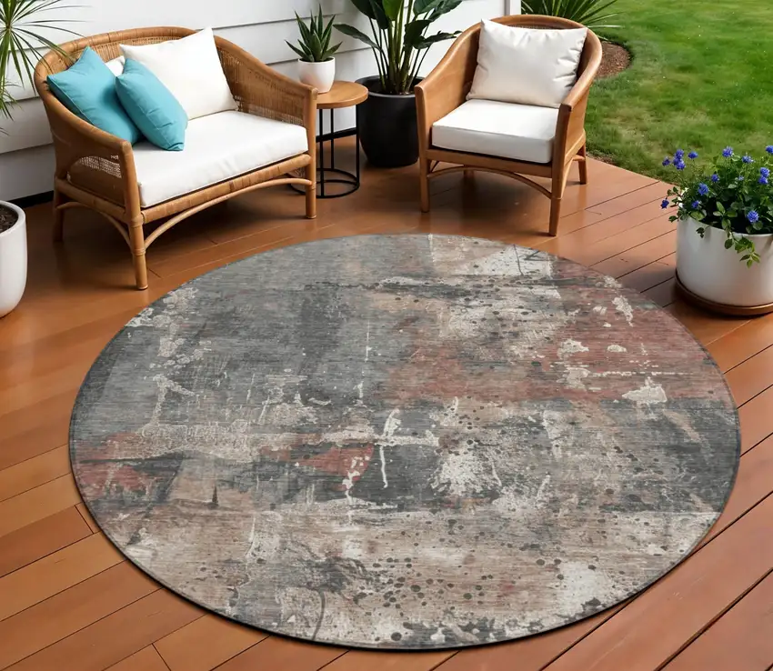 8' Rust And Gray Round Abstract Washable Indoor Outdoor Area Rug Photo 2