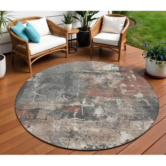 8' Rust And Gray Round Abstract Washable Indoor Outdoor Area Rug Photo 2
