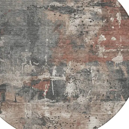 8' Rust And Gray Round Abstract Washable Indoor Outdoor Area Rug Photo 8