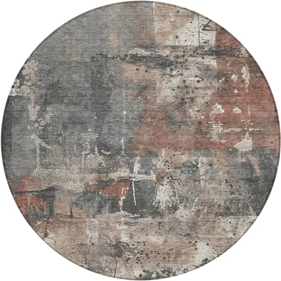 8' Rust And Gray Round Abstract Washable Indoor Outdoor Area Rug Photo 1