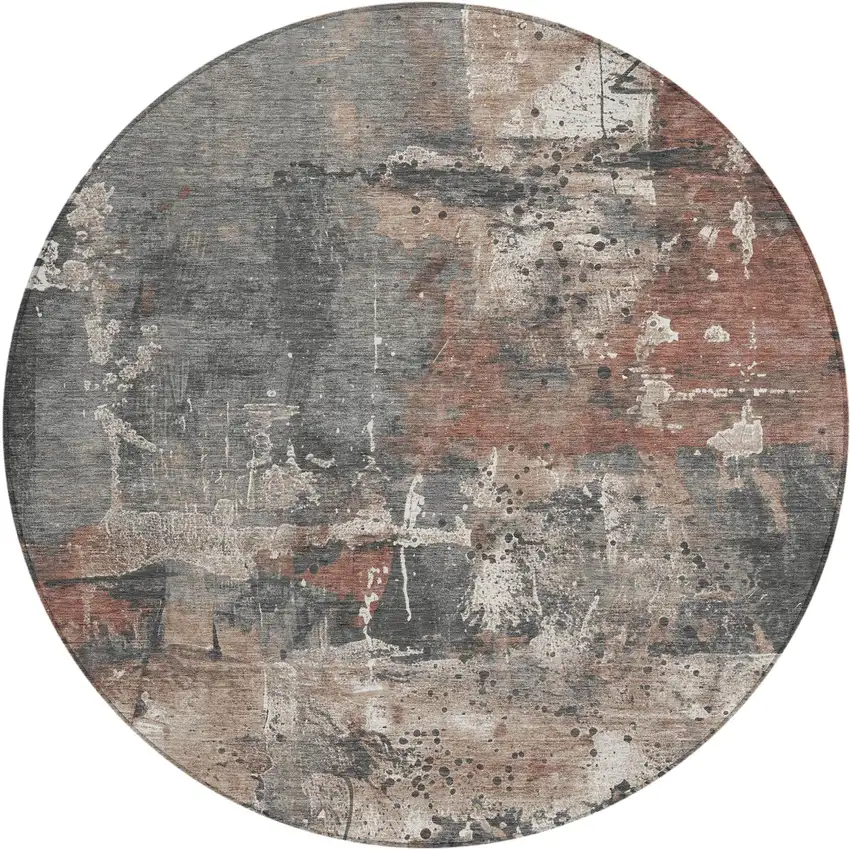 8' Rust And Gray Round Abstract Washable Indoor Outdoor Area Rug Photo 1