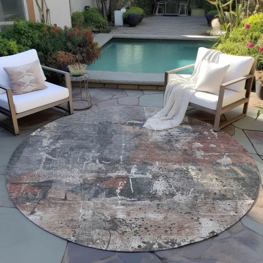 8' Rust And Gray Round Abstract Washable Indoor Outdoor Area Rug Photo 5