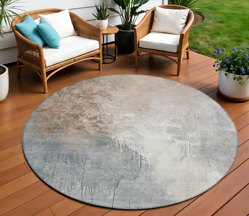 8' Rust And Gray Round Abstract Washable Indoor Outdoor Area Rug Photo 2