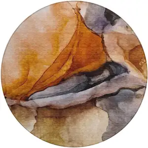 Photo of 8' Rust And Gray Round Abstract Washable Indoor Outdoor Area Rug