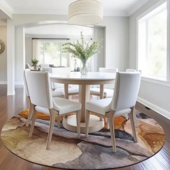 8' Rust And Gray Round Abstract Washable Indoor Outdoor Area Rug Photo 7