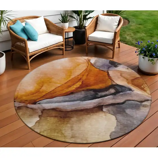 8' Rust And Gray Round Abstract Washable Indoor Outdoor Area Rug Photo 2