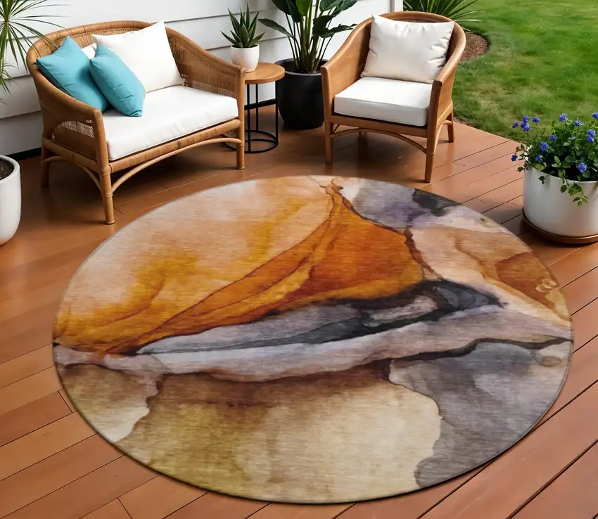 8' Rust And Gray Round Abstract Washable Indoor Outdoor Area Rug Photo 2