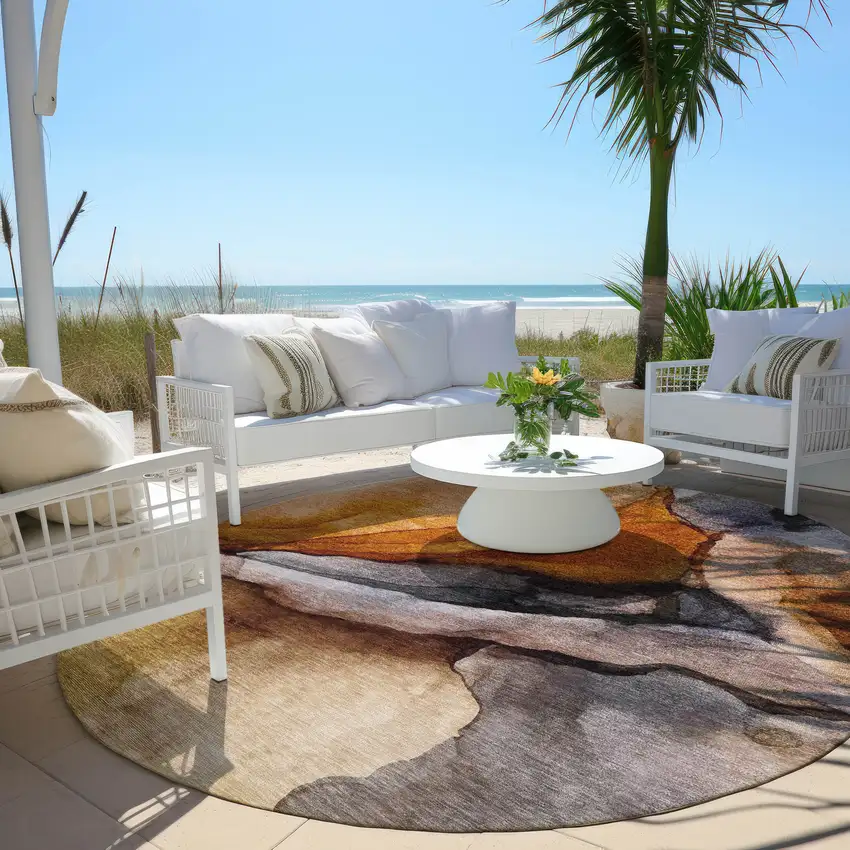 8' Rust And Gray Round Abstract Washable Indoor Outdoor Area Rug Photo 6