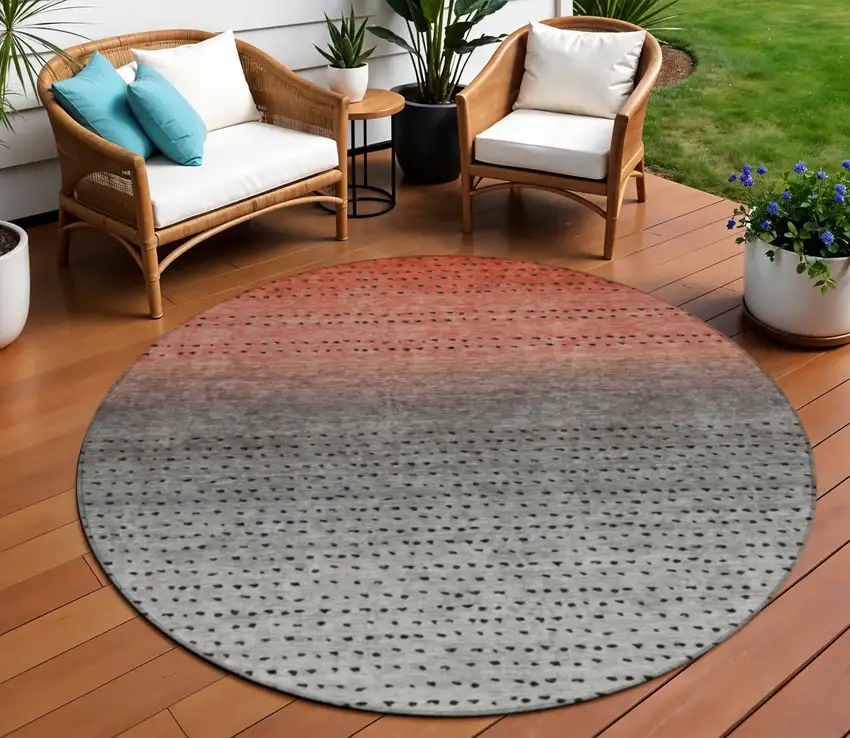 8' Rust And Gray Round Abstract Washable Indoor Outdoor Area Rug Photo 2