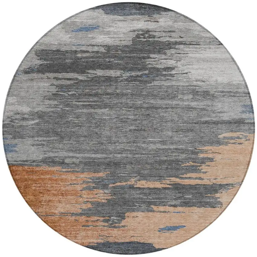 8' Rust And Gray Round Abstract Washable Indoor Outdoor Area Rug Photo 3