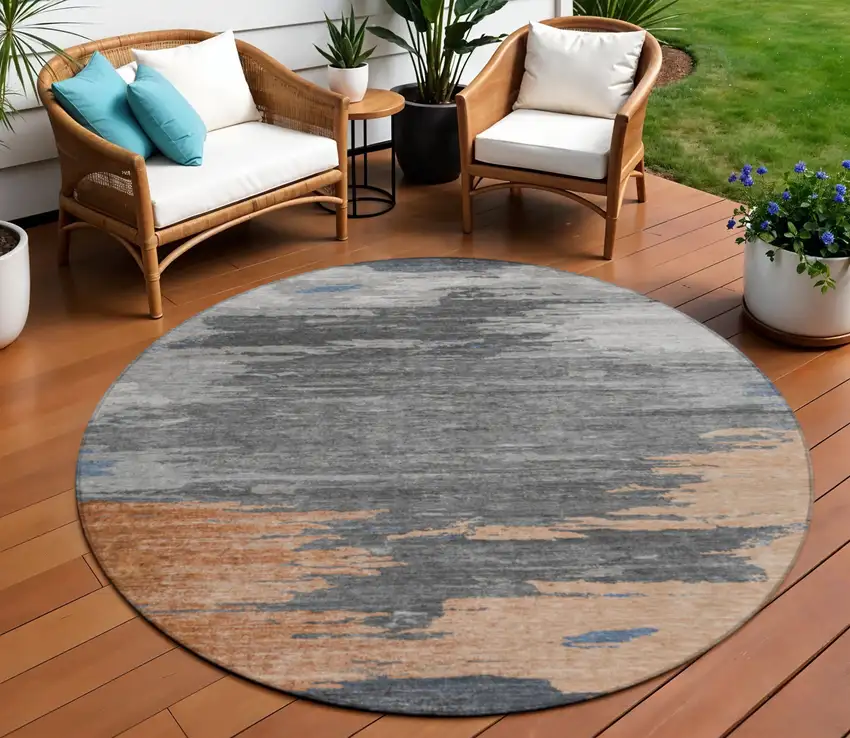 8' Rust And Gray Round Abstract Washable Indoor Outdoor Area Rug Photo 2
