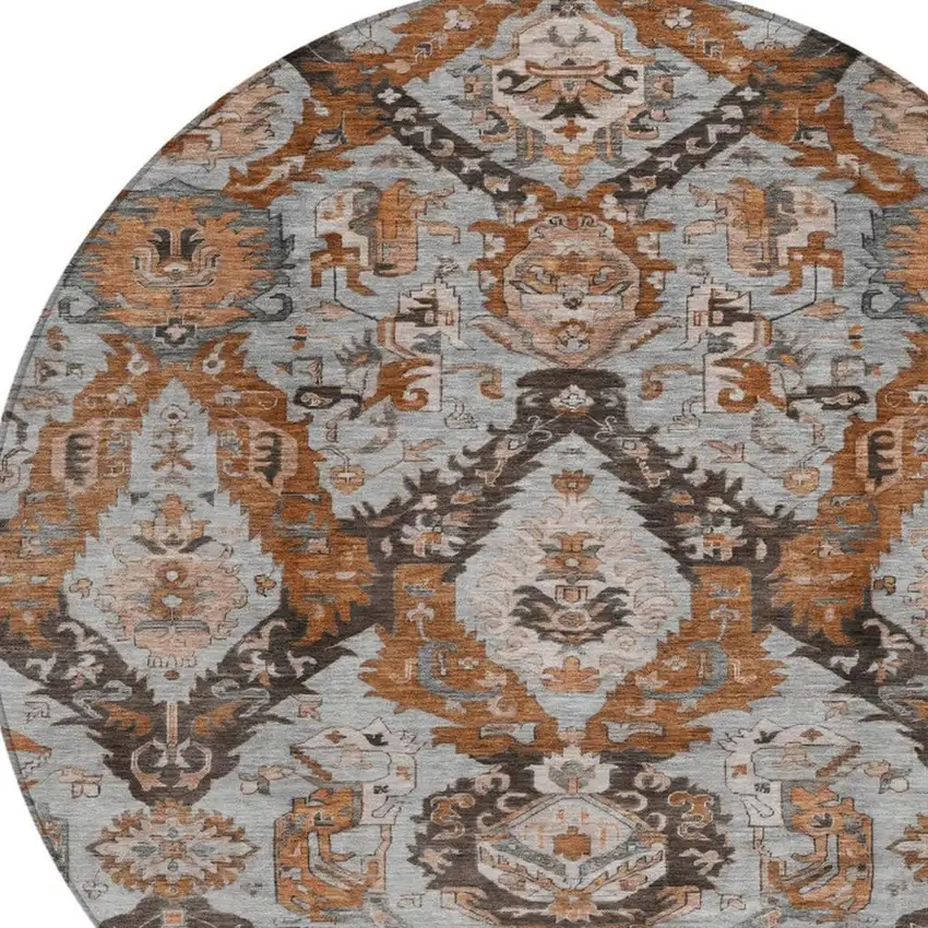 8' Rust And Gray Round Damask Washable Indoor Outdoor Area Rug Photo 4