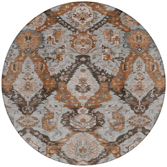 8' Rust And Gray Round Damask Washable Indoor Outdoor Area Rug Photo 3