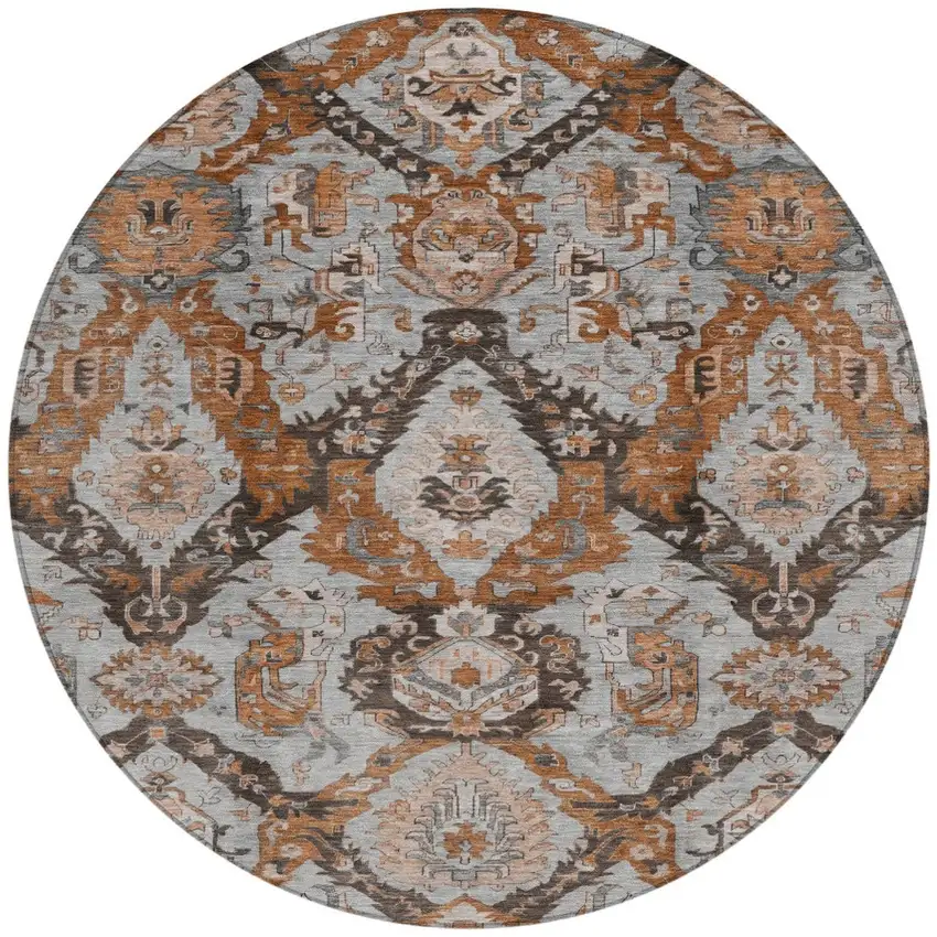 8' Rust And Gray Round Damask Washable Indoor Outdoor Area Rug Photo 3