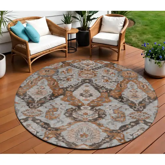 8' Rust And Gray Round Damask Washable Indoor Outdoor Area Rug Photo 2