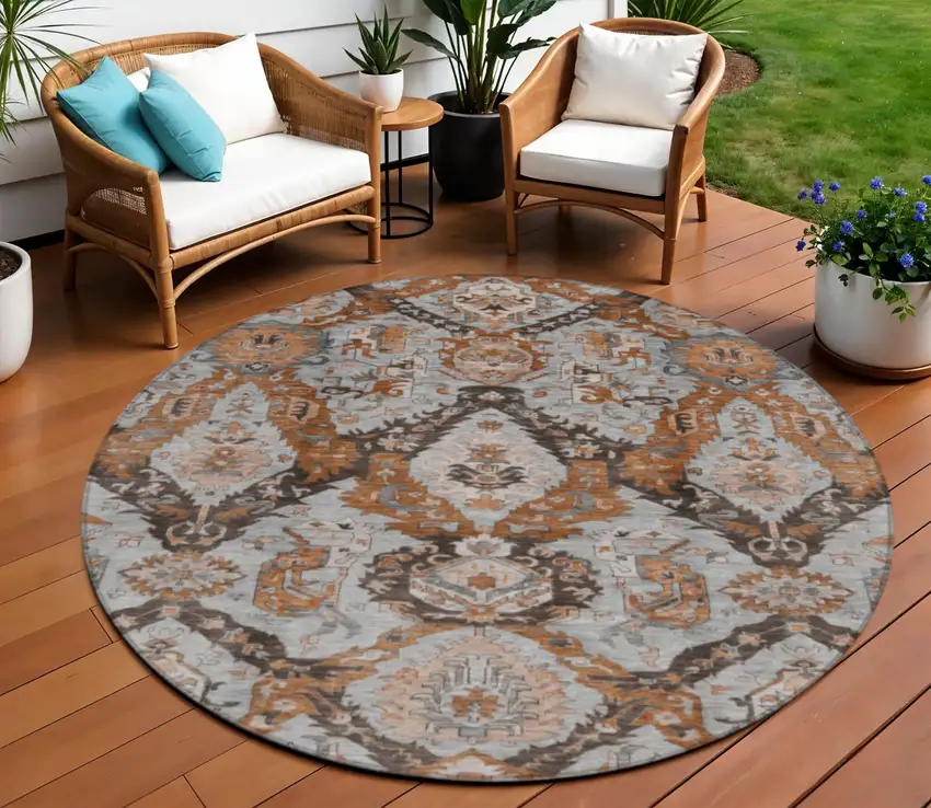 8' Rust And Gray Round Damask Washable Indoor Outdoor Area Rug Photo 2