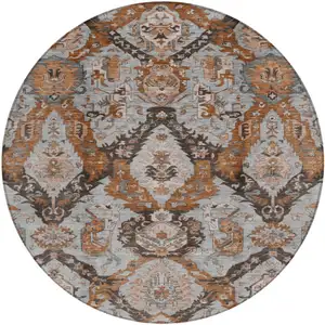 Photo of 8' Rust And Gray Round Damask Washable Indoor Outdoor Area Rug